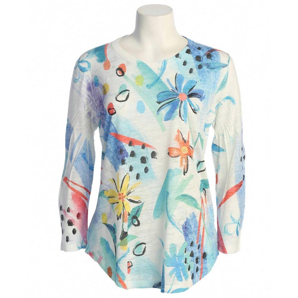 NEW JESS & JANE women's flora burnout rounded hem top in blue multi - Picture 2 of 2
